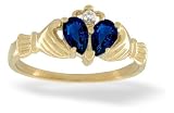 14K Yellow Gold Pear Created Sapphire and Diamond Celtic Claddagh Ring