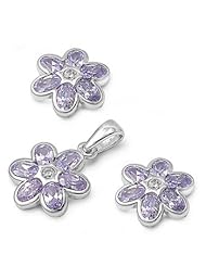 Sterling Silver Lavender CZ Six Petal Flower Earring & Necklace Set