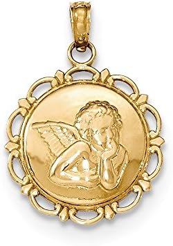 14K Gold Polished Angel/Cherub on Round Scallop Frame Pendant,