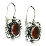 Bezel set Oval Genuine Amber Stone Bali Bead LeverBack Lever Back Filigree Earrings