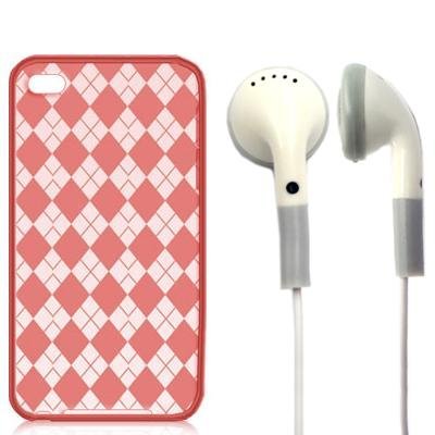 Red Checker TPU Candy Rubber Flexi Skin Case Cover + White Headphones Wired Stereo Headsets Earphones Accessories for Ipod Touch 4th Generation 4g 4 8gb 32gb 64gb New By Electromaster