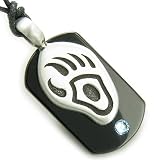 Amulet Spiritual Protection Bear Paw Black Onyx Tag Sky Blue Swarovski Crystal Pendant Necklace