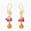 Gold Vermeil Lotus Blossom Flower and Ruby Gemstone Bead Cluster Dangle Earrings with Decorative Swirl Wires, #7506