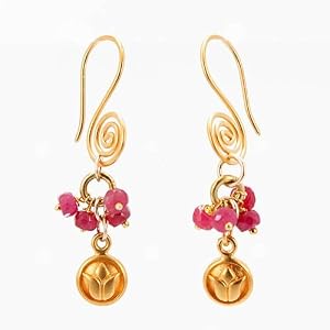 Gold Vermeil Lotus Blossom Flower and Ruby Gemstone Bead Cluster Dangle Earrings with Decorative Swirl Wires, #7506