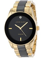 Anne Klein Womens AK/1436BKGB Diamond Dial Gold-Tone and Black Ceramic Bracelet Watch