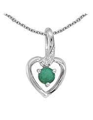 10k White Gold Round Emerald And Diamond Heart Pendant with 18" Chain