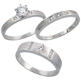 Sterling Silver 3-Piece His 5.5 mm & Hers 3 mm Trio Wedding Ring Set CZ Stones Rhodium Finish, Ladies Size 9
