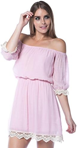 Orange Creek Women's Off Shoulder Crochet Lace Hem Woven Cotton Dress Pink Large