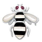 Sterling Silver Onyx, Created Ruby & Mother-Of-Pearl Diamond Bee Pin/Pendant