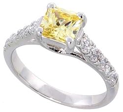 Sterling Silver Vintage Style Engagement ring, w/ a 6mm (1.25 ct) Princess Cut Yellow Topaz-colored CZ Stone, 1/4 (7mm) wide, size 6