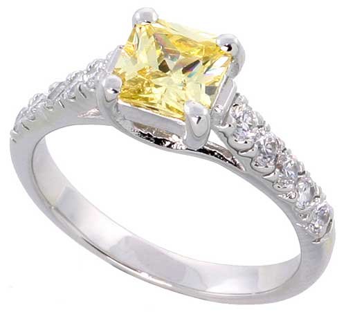 Sterling Silver Vintage Style Engagement Ring, w/ a 6mm (1.25 ct) Princess Cut Yellow Topaz-colored CZ Stone, 1/4 (7mm) wide