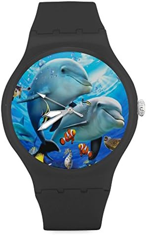 Sea Cute Plants Colorful Fishes Blue Dolphins Charm Unisex Round Rubber Sport Watch,Watch Face Diameter: 1.58"