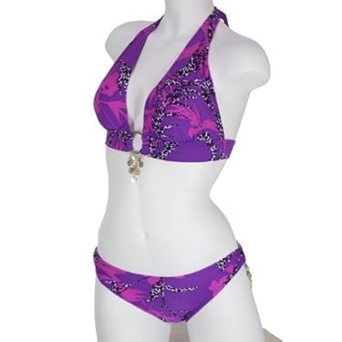 Purple Safari Halter Top And Full Panty Low Rise Bottom Bikini Set Medium