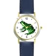 Green Leopard Frog Animal - WATCHBUDDY� DELUXE TWO-TONE THEME WATCH - Arabic Numbers - Blue Leather Strap-Children's Size-Small ( Boy's Size & Girl's Size )