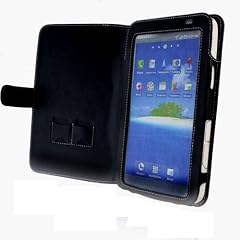 Navitech Schutzh�lle im Buch-stil f�r Samsung Galaxy Tab P1000 aus schwarzem Leder, perfekt verarbeitet mit subtiler wei�er Naht.