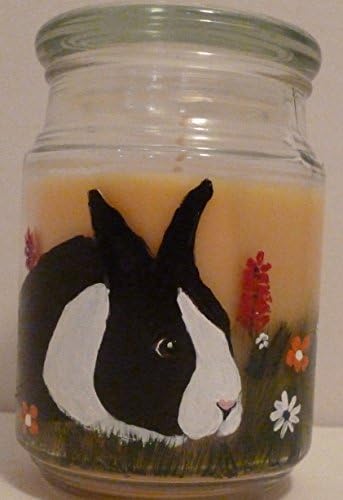 Black &amp; White Bunny Rabbit Jar Candle hand painted by Mary Wilson of Pet Lovers Boutique Cinnamon Vanilla