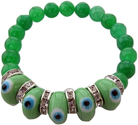 Evil Eye Stretch Charm Bracelet with Green Murano Glass Beads and Zircon Crystals