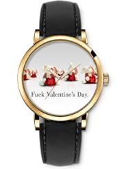 SPRAWL Aanalog Fashion Series Gold Ladies Watches of Genuine Black Leather Strap,Unique Wrist Watch for Women Girls Designed with Fuck valentine s day
