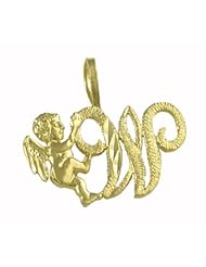 14K Solid Yellow Gold Initial W with Angel Charm Pendant