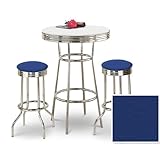 Chrome Bar Table & 2 Chrome Blue Vinyl Seat Barstools