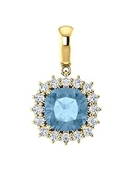 10K Yellow Gold 8.00x8.00mm Antique Cushion Cut Sky Blue Topaz and Diamond Pendant -- LIFETIME WARRANTY