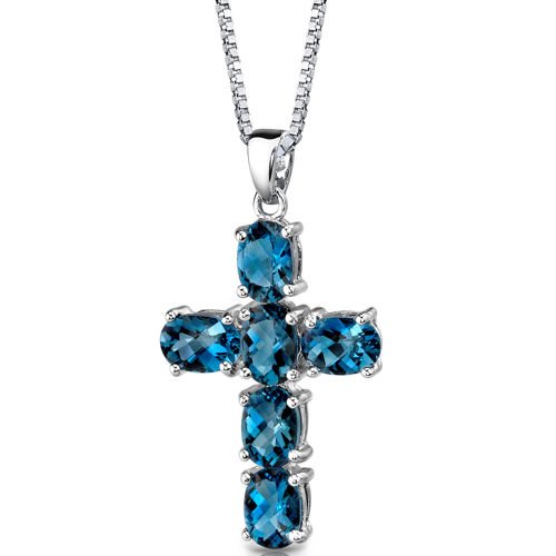 Radiant Glory: Sterling Silver 6.00 carats Oval Shape London Blue Topaz CROSS Pendant with 18 inch Silver Necklace