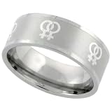Stainless Steel Flat 8mm Wedding Band Ring Laser Etched Lesbian Symbols, sizes 5 to 9