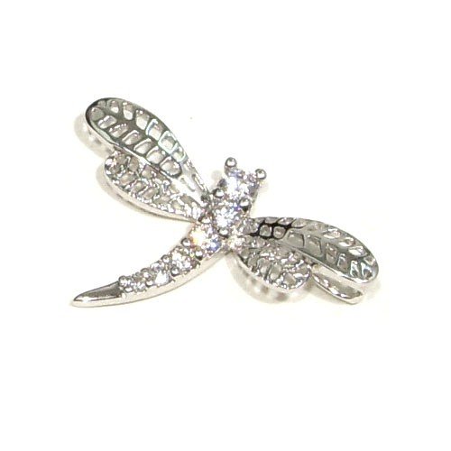Dragonfly with Clear CZ Designed Sterling Silver Pendant with Rhodium Plated Necklace (come with 16 or 18 Italian Sterling Silver Chain)