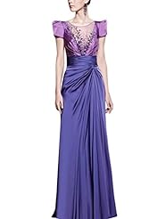 A-line Cocktail Floor Length Beaded Scoop Neck Empire   Waistline Satin Cap Sleeves Homecoming Dress/Prom Dress/Wedding Party Dress 