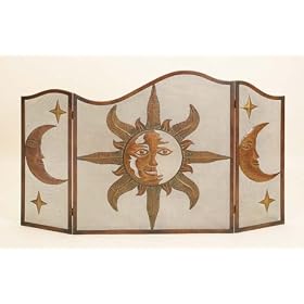 55" Wide Metal FIREPLACE FIRE SCREEN with Antique Style Sun and Moon Design on a Mesh Screen