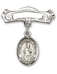 Sterling Silver Baby Badge with St. Augustine of Hippo Charm and Arched Polished Badge Pin
