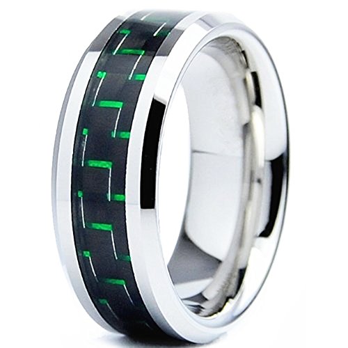 King Will 8mm Green/Black Carbon Fiber Inlay Silver Tungsten Carbide Ring Comfort Fit Wedding Band(10)