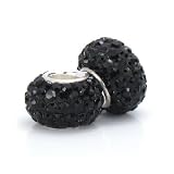 Bella Fascini Black Onyx Pave European Bead Charm, Made with Swarovski Crystal Elements and Sterling Silver, Set of 2