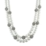 2-Row White Simulated Pearl and Pave Gun Metal Tone Necklace, 18+3 Extender
