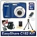 Kodak EasyShare C182 Point-and-shoot Digital Camera (Blue), 12 MP, 3x Optical Zoom Lens, 3 LCD, Digital Camera Starter Kit- Case, 2 AA Batteries, Charger & 128MB SD Card, Lens Cleaning Kit, 4 GB Memory Card, USB 2.0 Card Reader, Mini Table-top Top Tripod