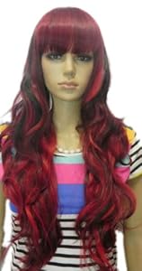 Qiyun Long Curly Wavy Red Black Mix Full Hair Cosplay Costume Wig