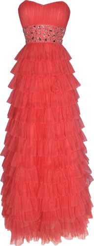 Ruffle Long Homecoming Prom Dress Bridesmaid Gem Waistline, Medium, Coral
