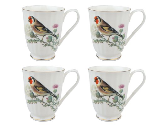 Gracie Bone China 10-Ounce Footed Mug, Red Head Birds , Set of 4