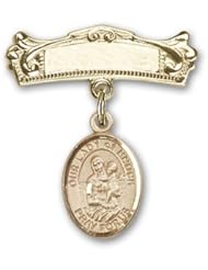 14K Gold Baby Badge with Our Lady of Knock Charm and Arched Polished Badge Pin