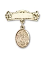 Gold Filled Baby Badge with Our Lady of Knock Charm and Arched Polished Badge Pin