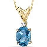 14 Karat Yellow Gold 1.50 carat Oval Checkerboard Cut London Blue Topaz Diamond Pendant with Chain Free Shipping
