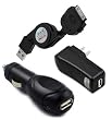 USB Retractable Sync Charge Data Cable + USB Auto Car Charger + USB Home Travel Charger for Apple iPad Tablet (Black)