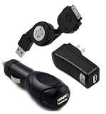 Retractable USB Cable + USB Home Charger + USB Car Charger for Apple iPod Classic 5th 6th Gen ( Black ) + FREE SF Planet Neckstrap !
