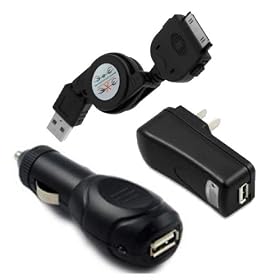 Retractable USB Cable + USB Home Charger + USB Car Charger for Apple iPod Classic 5th 6th Gen ( Black ) + FREE SF Planet Neckstrap !
