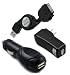 USB Retractable Sync Charge Data Cable + USB Auto Car Charger + USB Home Travel Charger for Apple iPad Tablet (Black)