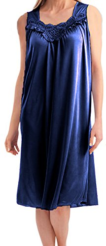 EZI Women's Faux Silk and Lace Sleeveless Nightgown