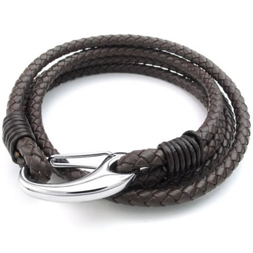KONOV Mens Leather Stainless Steel Clasp Bracelet, Wrap Bangle, Brown Silver, 8