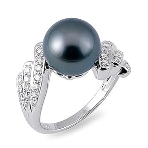 Tahitian Black Pearl Ring with Diamonds in 14K White Gold by