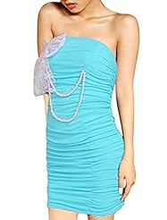 Sexy Cotton/Polyester Lace Mesh Shirred   Stretchy Mini Dress  With a Bow(s) and Pearls
