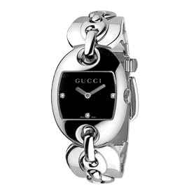 Gucci 121 Marina Chain Ladies Black Face Diamond Watch YA121303